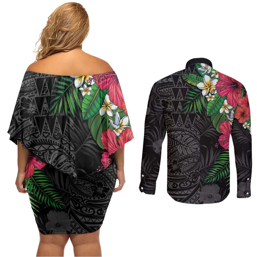 Hawaiian Tropical Plants Couples Matching Off Shoulder Short Dress and Long Sleeve Button Shirt Kakau Tattoo and Polynesian Pattern Half Black Color