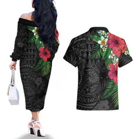 Hawaiian Tropical Plants Couples Matching Off The Shoulder Long Sleeve Dress and Hawaiian Shirt Kakau Tattoo and Polynesian Pattern Half Black Color LT03 - Polynesian Pride