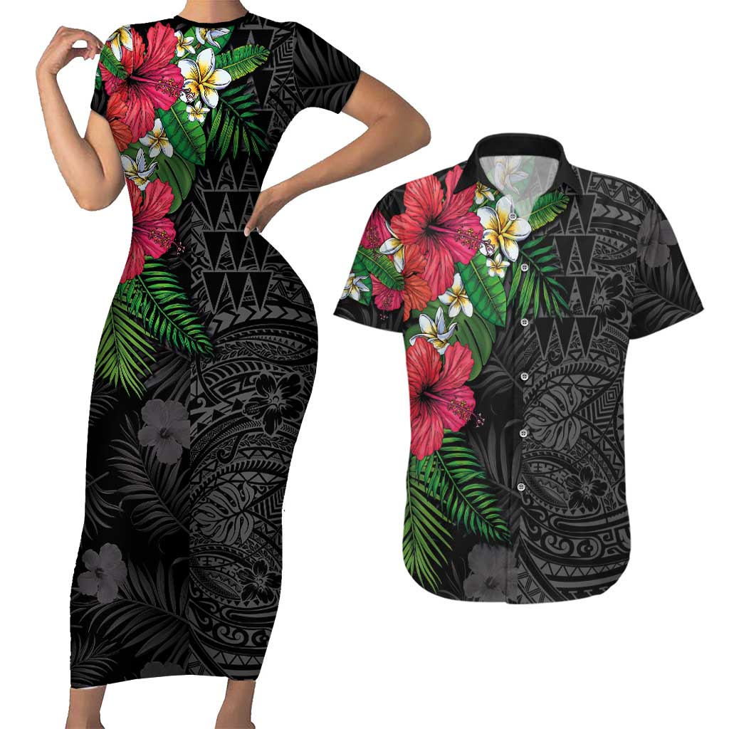 Hawaiian Tropical Plants Couples Matching Short Sleeve Bodycon Dress and Hawaiian Shirt Kakau Tattoo and Polynesian Pattern Half Black Color LT03 Black - Polynesian Pride