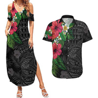 Hawaiian Tropical Plants Couples Matching Summer Maxi Dress and Hawaiian Shirt Kakau Tattoo and Polynesian Pattern Half Black Color