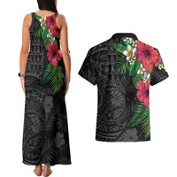 Hawaiian Tropical Plants Couples Matching Tank Maxi Dress and Hawaiian Shirt Kakau Tattoo and Polynesian Pattern Half Black Color