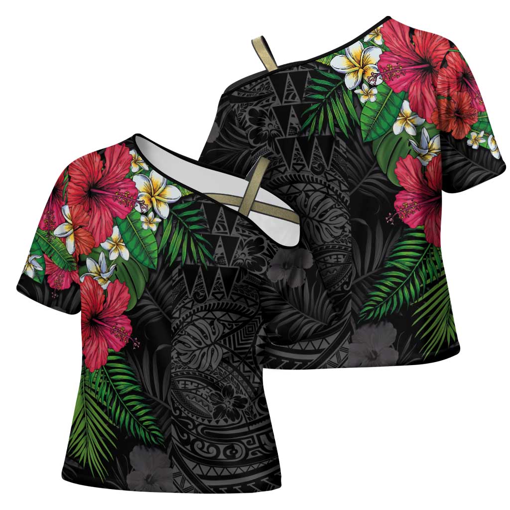 Hawaiian Tropical Plants Cross Shoulder Shirt Kakau Tattoo and Polynesian Pattern Half Black Color