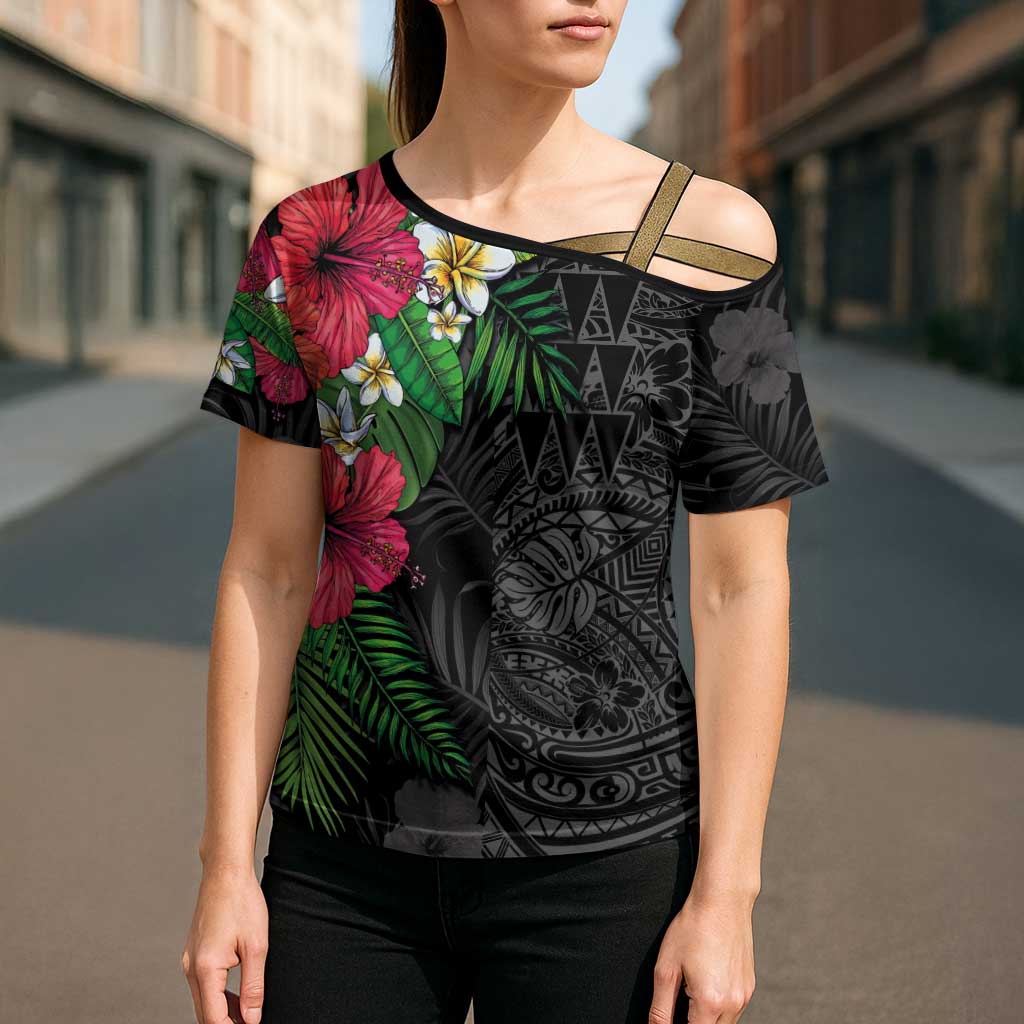 Hawaiian Tropical Plants Cross Shoulder Shirt Kakau Tattoo and Polynesian Pattern Half Black Color