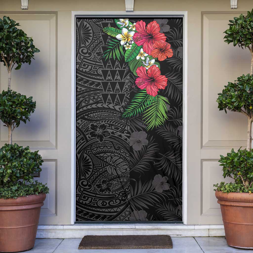 Hawaiian Tropical Plants Door Cover Kakau Tattoo and Polynesian Pattern Half Black Color