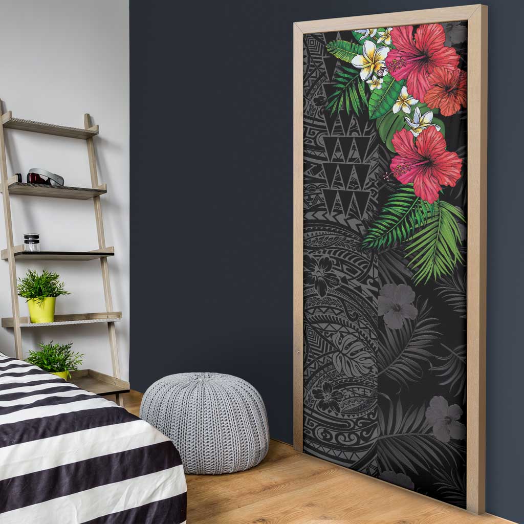Hawaiian Tropical Plants Door Cover Kakau Tattoo and Polynesian Pattern Half Black Color