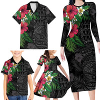 Hawaiian Tropical Plants Family Matching Long Sleeve Bodycon Dress and Hawaiian Shirt Kakau Tattoo and Polynesian Pattern Half Black Color LT03 - Polynesian Pride