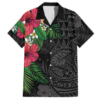 Hawaiian Tropical Plants Family Matching Long Sleeve Bodycon Dress and Hawaiian Shirt Kakau Tattoo and Polynesian Pattern Half Black Color LT03 Dad's Shirt - Short Sleeve Black - Polynesian Pride