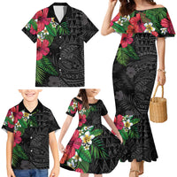 Hawaiian Tropical Plants Family Matching Mermaid Dress and Hawaiian Shirt Kakau Tattoo and Polynesian Pattern Half Black Color LT03 - Polynesian Pride