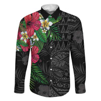 Hawaiian Tropical Plants Family Matching Mermaid Dress and Hawaiian Shirt Kakau Tattoo and Polynesian Pattern Half Black Color LT03 Dad's Shirt - Long Sleeve Black - Polynesian Pride