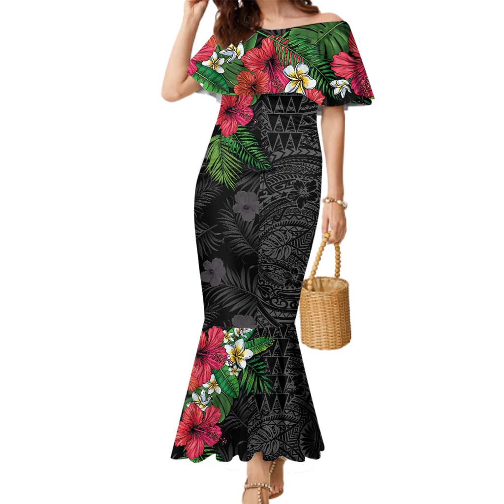 Hawaiian Tropical Plants Family Matching Mermaid Dress and Hawaiian Shirt Kakau Tattoo and Polynesian Pattern Half Black Color LT03 Mom's Dress Black - Polynesian Pride