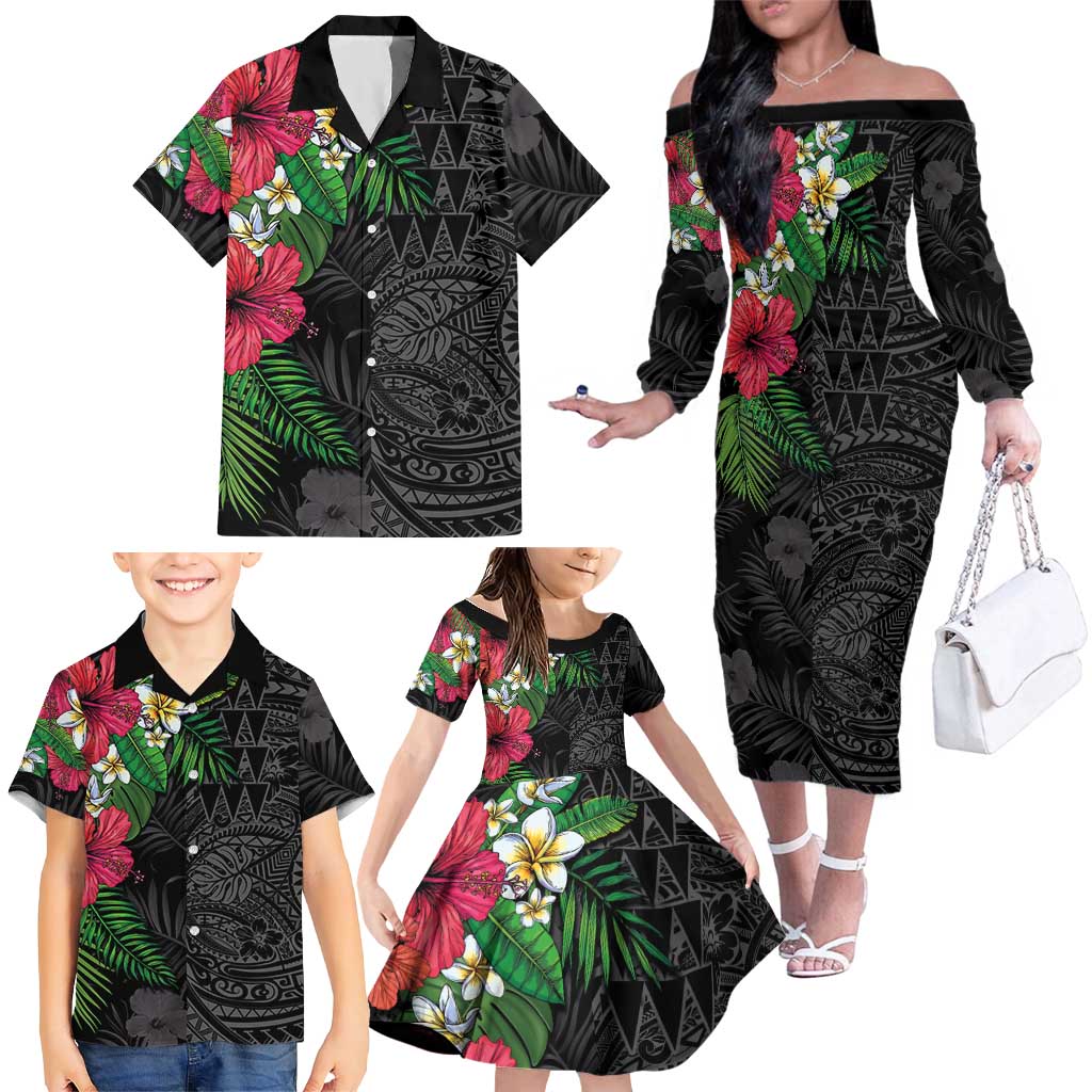 Hawaiian Tropical Plants Family Matching Off The Shoulder Long Sleeve Dress and Hawaiian Shirt Kakau Tattoo and Polynesian Pattern Half Black Color