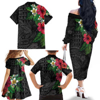 Hawaiian Tropical Plants Family Matching Off The Shoulder Long Sleeve Dress and Hawaiian Shirt Kakau Tattoo and Polynesian Pattern Half Black Color LT03 - Polynesian Pride