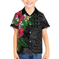 Hawaiian Tropical Plants Family Matching Off The Shoulder Long Sleeve Dress and Hawaiian Shirt Kakau Tattoo and Polynesian Pattern Half Black Color LT03 Son's Shirt Black - Polynesian Pride