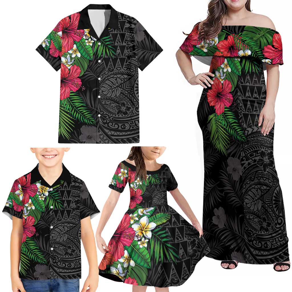 Hawaiian Tropical Plants Family Matching Off Shoulder Maxi Dress and Hawaiian Shirt Kakau Tattoo and Polynesian Pattern Half Black Color LT03 - Polynesian Pride