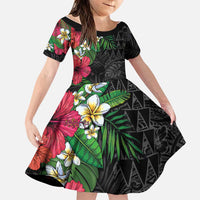 Hawaiian Tropical Plants Family Matching Off Shoulder Short Dress and Hawaiian Shirt Kakau Tattoo and Polynesian Pattern Half Black Color LT03 Daughter's Dress Black - Polynesian Pride