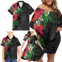 Hawaiian Tropical Plants Family Matching Off Shoulder Short Dress and Hawaiian Shirt Kakau Tattoo and Polynesian Pattern Half Black Color LT03 - Polynesian Pride