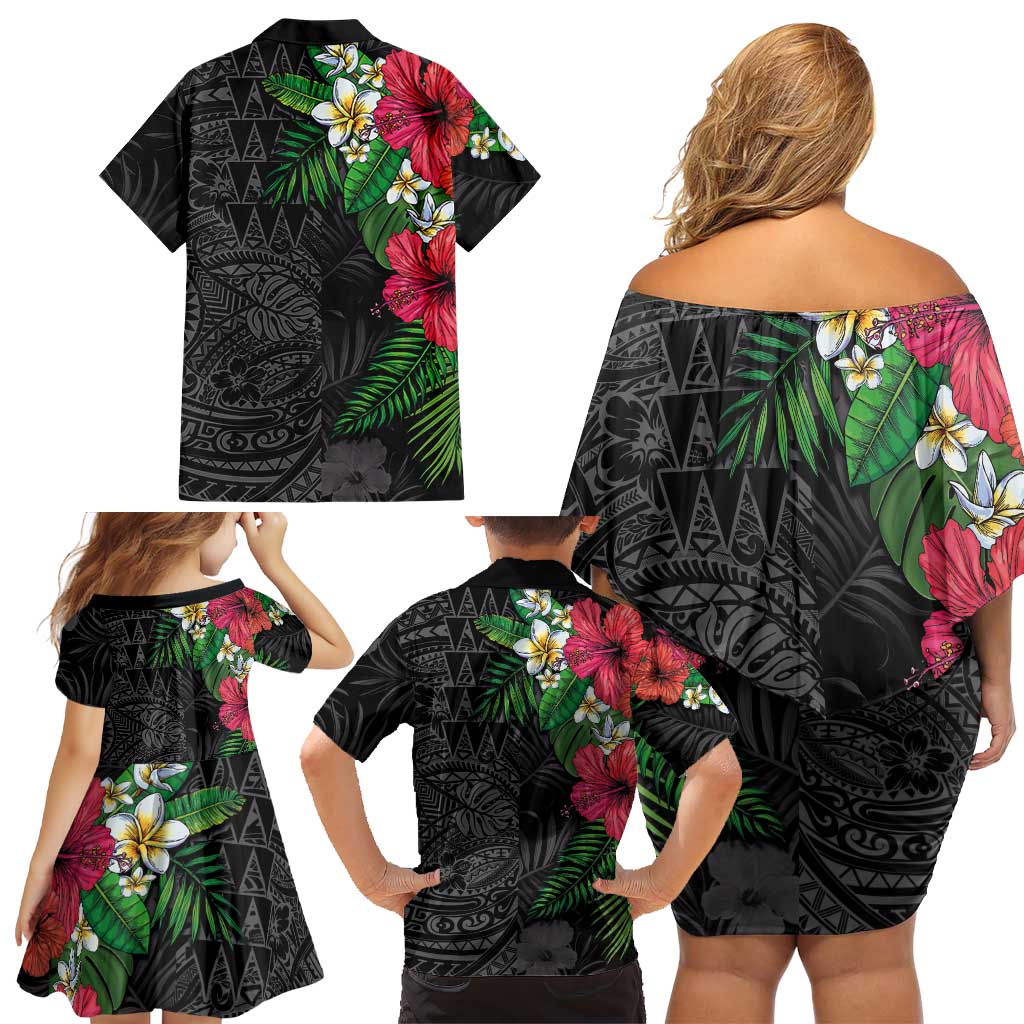 Hawaiian Tropical Plants Family Matching Off Shoulder Short Dress and Hawaiian Shirt Kakau Tattoo and Polynesian Pattern Half Black Color LT03 - Polynesian Pride