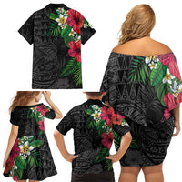 Hawaiian Tropical Plants Family Matching Off Shoulder Short Dress and Hawaiian Shirt Kakau Tattoo and Polynesian Pattern Half Black Color LT03 - Polynesian Pride