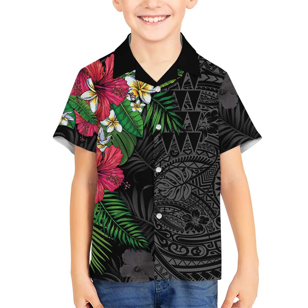 Hawaiian Tropical Plants Family Matching Off Shoulder Short Dress and Hawaiian Shirt Kakau Tattoo and Polynesian Pattern Half Black Color LT03 Son's Shirt Black - Polynesian Pride