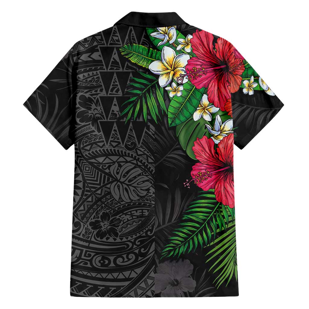 Hawaiian Tropical Plants Family Matching Puletasi and Hawaiian Shirt Kakau Tattoo and Polynesian Pattern Half Black Color LT03 - Polynesian Pride