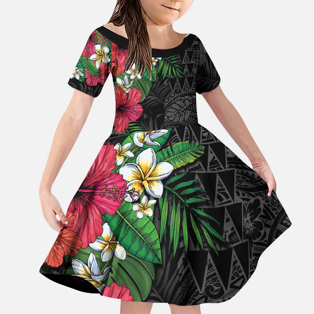 Hawaiian Tropical Plants Family Matching Short Sleeve Bodycon Dress and Hawaiian Shirt Kakau Tattoo and Polynesian Pattern Half Black Color LT03 Daughter's Dress Black - Polynesian Pride
