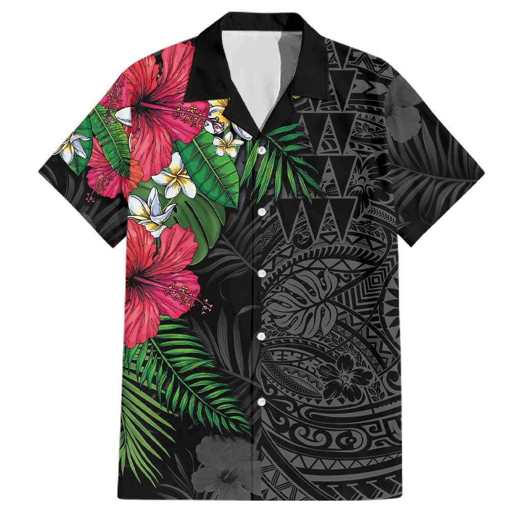 Hawaiian Tropical Plants Family Matching Short Sleeve Bodycon Dress and Hawaiian Shirt Kakau Tattoo and Polynesian Pattern Half Black Color LT03 Dad's Shirt - Short Sleeve Black - Polynesian Pride