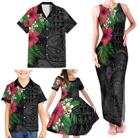 Hawaiian Tropical Plants Family Matching Tank Maxi Dress and Hawaiian Shirt Kakau Tattoo and Polynesian Pattern Half Black Color LT03 - Polynesian Pride