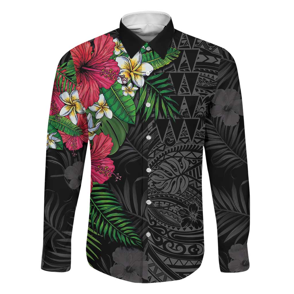 Hawaiian Tropical Plants Family Matching Tank Maxi Dress and Hawaiian Shirt Kakau Tattoo and Polynesian Pattern Half Black Color LT03 Dad's Shirt - Long Sleeve Black - Polynesian Pride