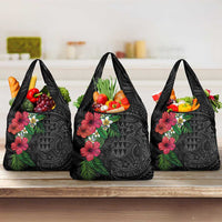 Hawaiian Tropical Plants Grocery Bag Kakau Tattoo and Polynesian Pattern Half Black Color