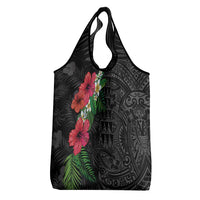 Hawaiian Tropical Plants Grocery Bag Kakau Tattoo and Polynesian Pattern Half Black Color