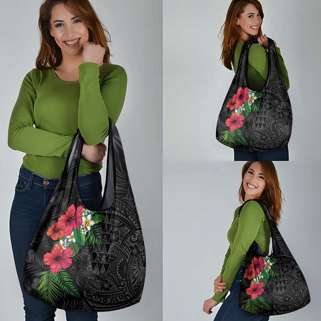 Hawaiian Tropical Plants Grocery Bag Kakau Tattoo and Polynesian Pattern Half Black Color