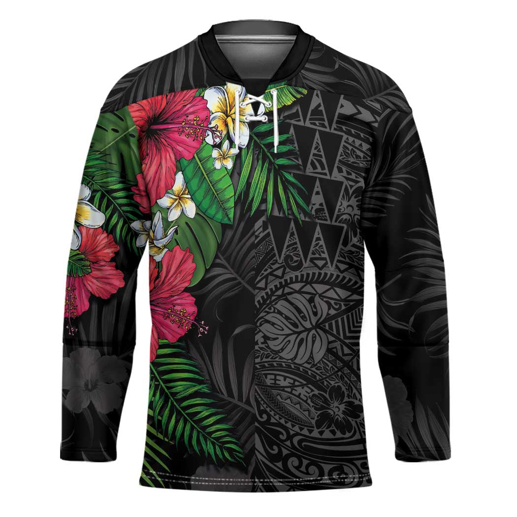 Hawaiian Tropical Plants Hockey Jersey Kakau Tattoo and Polynesian Pattern Half Black Color