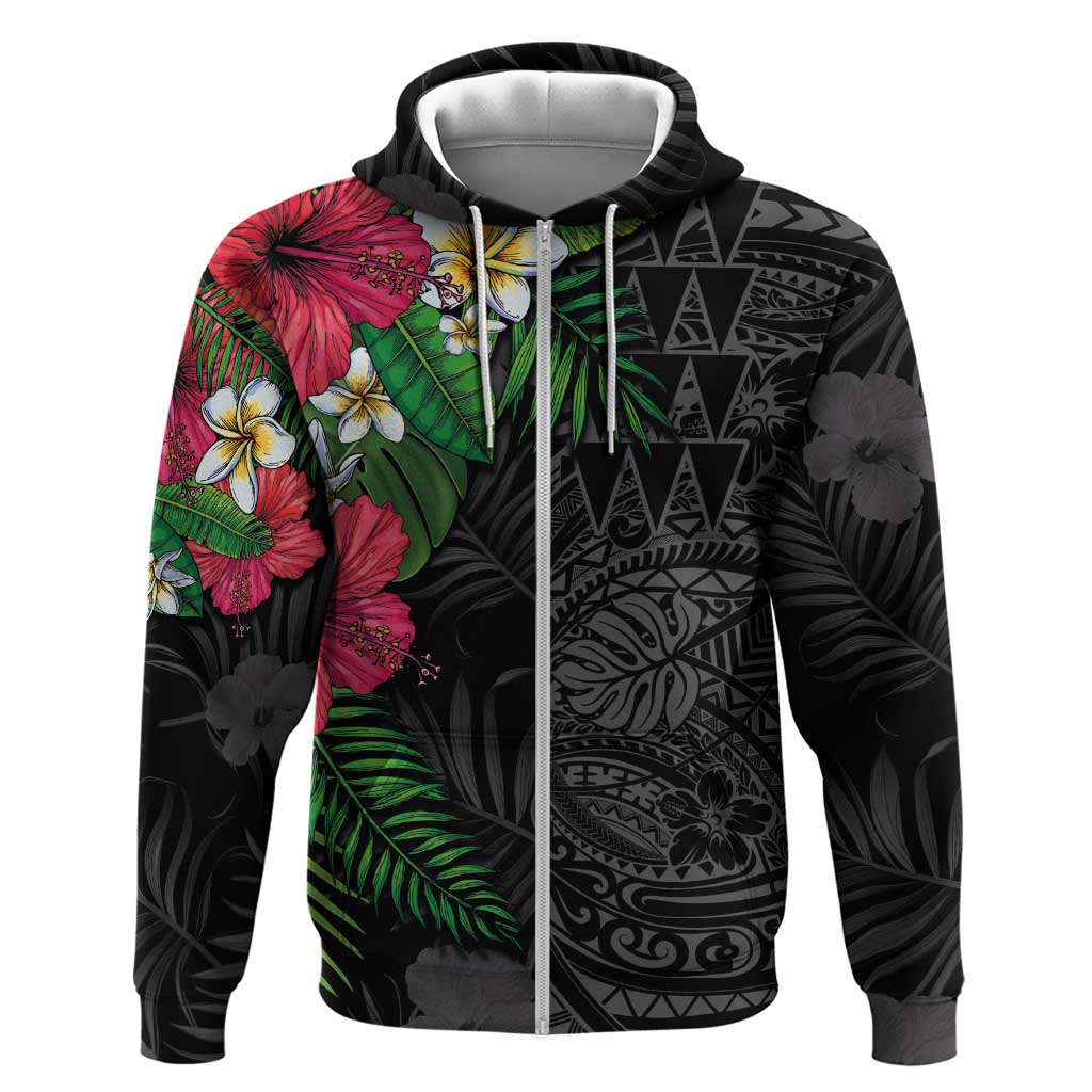 Hawaiian Tropical Plants Hoodie Kakau Tattoo and Polynesian Pattern Half Black Color