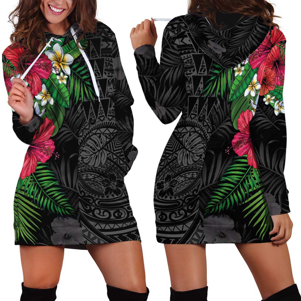 Hawaiian Tropical Plants Hoodie Dress Kakau Tattoo and Polynesian Pattern Half Black Color