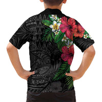Hawaiian Tropical Plants Kid Hawaiian Shirt Kakau Tattoo and Polynesian Pattern Half Black Color