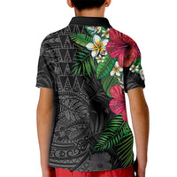 Hawaiian Tropical Plants Kid Polo Shirt Kakau Tattoo and Polynesian Pattern Half Black Color
