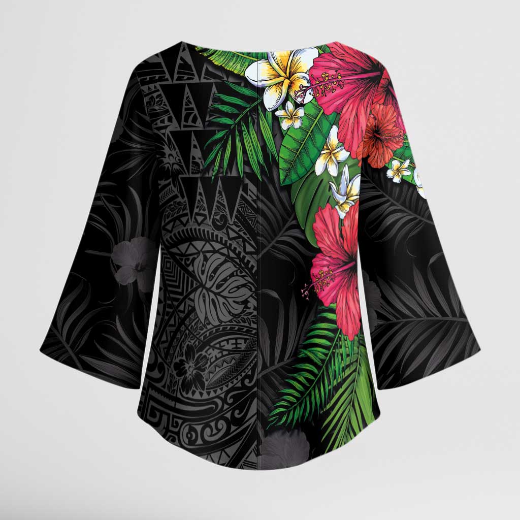 Hawaiian Tropical Plants Kimono Sleeve Blouse Kakau Tattoo and Polynesian Pattern Half Black Color