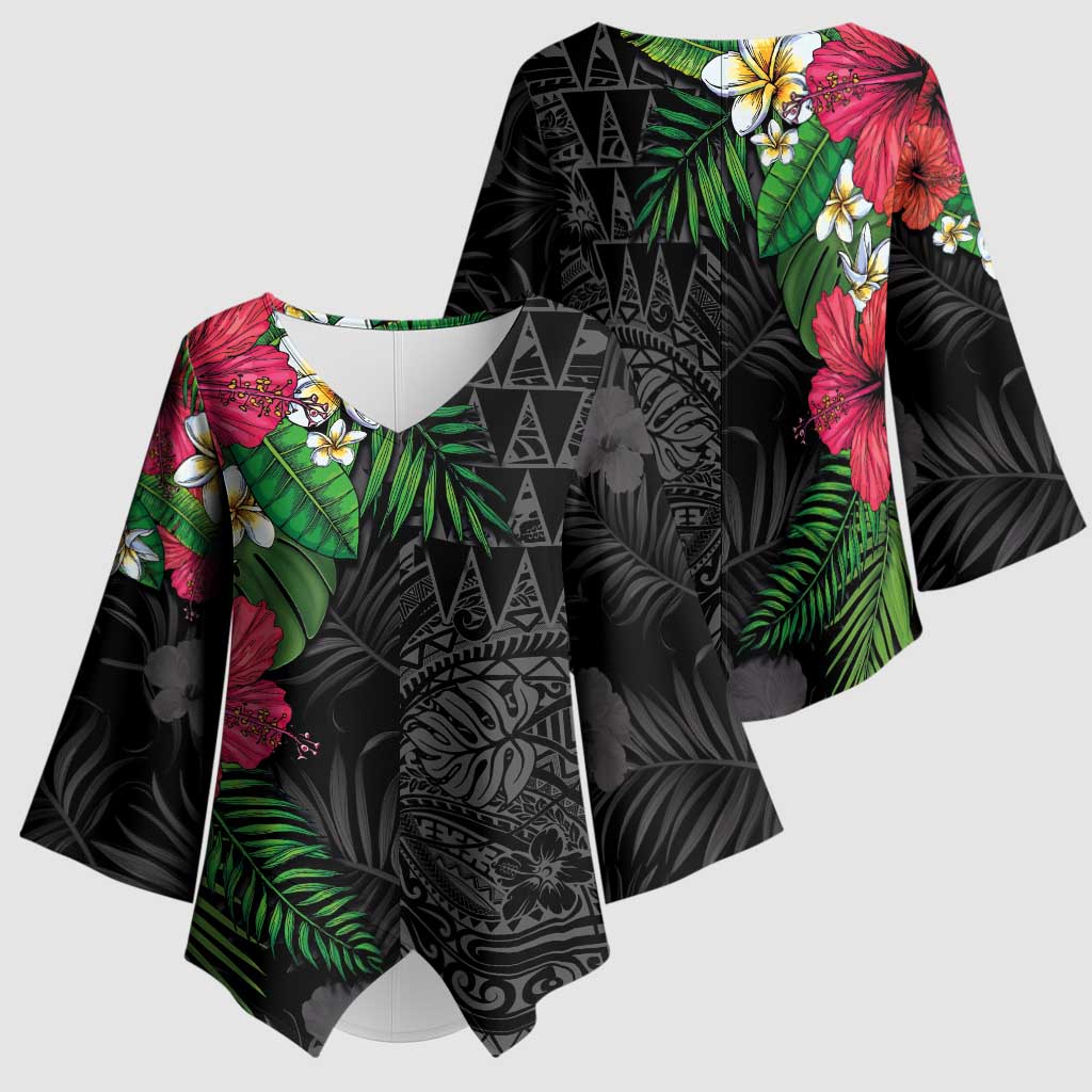 Hawaiian Tropical Plants Kimono Sleeve Blouse Kakau Tattoo and Polynesian Pattern Half Black Color