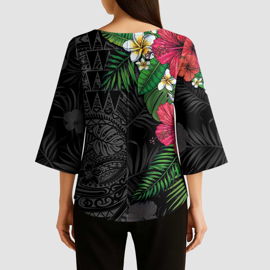 Hawaiian Tropical Plants Kimono Sleeve Blouse Kakau Tattoo and Polynesian Pattern Half Black Color