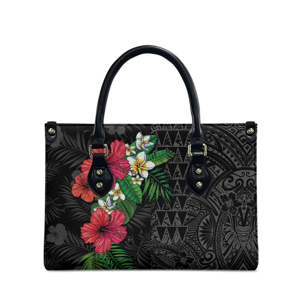 Hawaiian Tropical Plants Leather Bag Kakau Tattoo and Polynesian Pattern Half Black Color