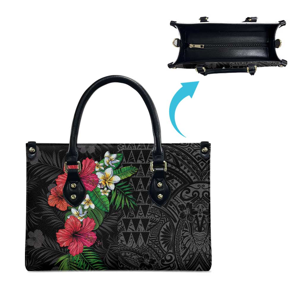 Hawaiian Tropical Plants Leather Bag Kakau Tattoo and Polynesian Pattern Half Black Color