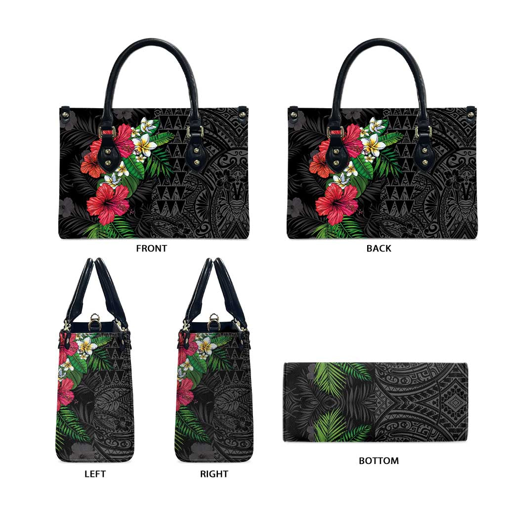 Hawaiian Tropical Plants Leather Bag Kakau Tattoo and Polynesian Pattern Half Black Color