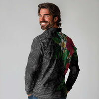 Hawaiian Tropical Plants Long Sleeve Polo Shirt Kakau Tattoo and Polynesian Pattern Half Black Color