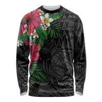 Hawaiian Tropical Plants Long Sleeve Shirt Kakau Tattoo and Polynesian Pattern Half Black Color
