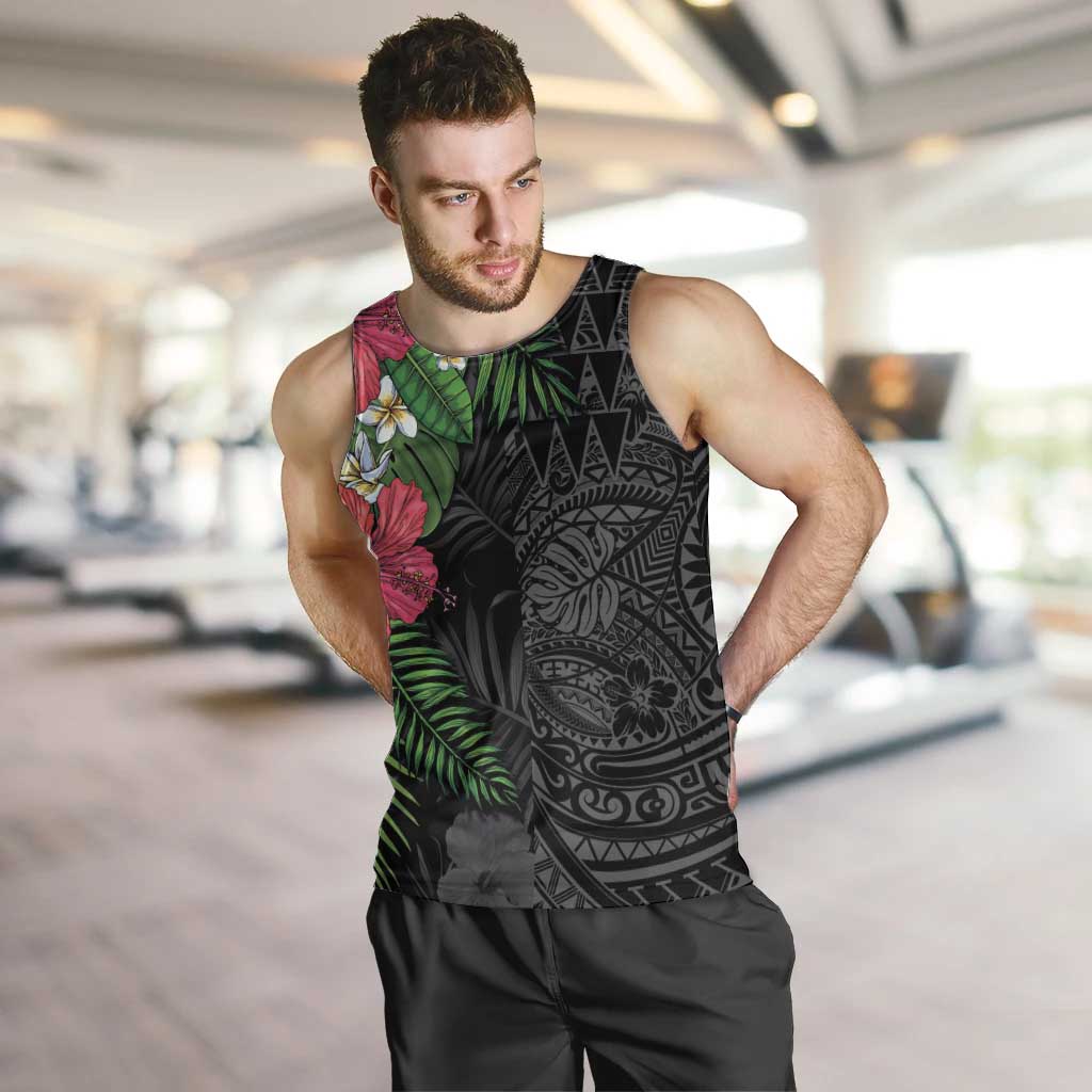 Hawaiian Tropical Plants Men Tank Top Kakau Tattoo and Polynesian Pattern Half Black Color