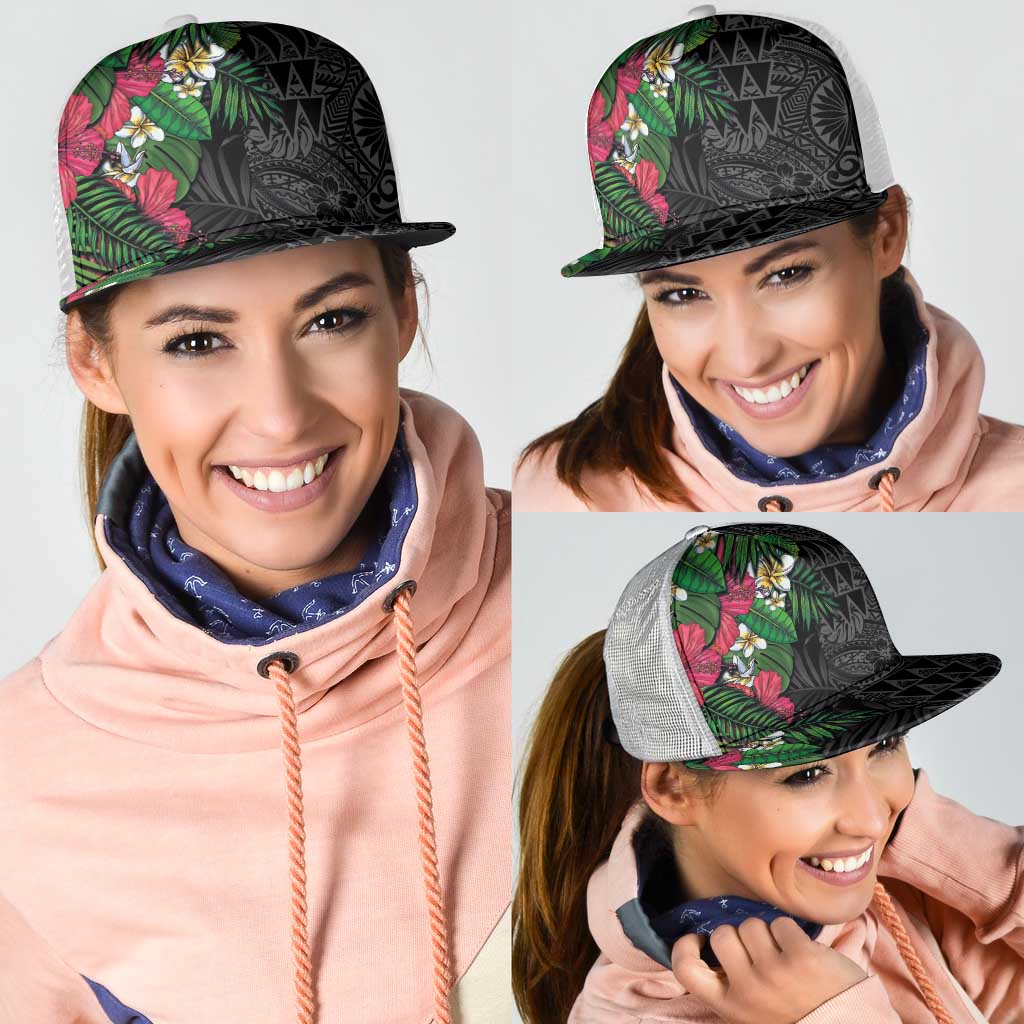 Hawaiian Tropical Plants Mesh Trucker Cap Kakau Tattoo and Polynesian Pattern Half Black Color