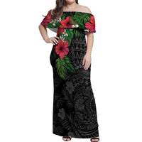 Hawaiian Tropical Plants Off Shoulder Maxi Dress Kakau Tattoo and Polynesian Pattern Half Black Color