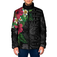 Hawaiian Tropical Plants Padded Jacket Kakau Tattoo and Polynesian Pattern Half Black Color