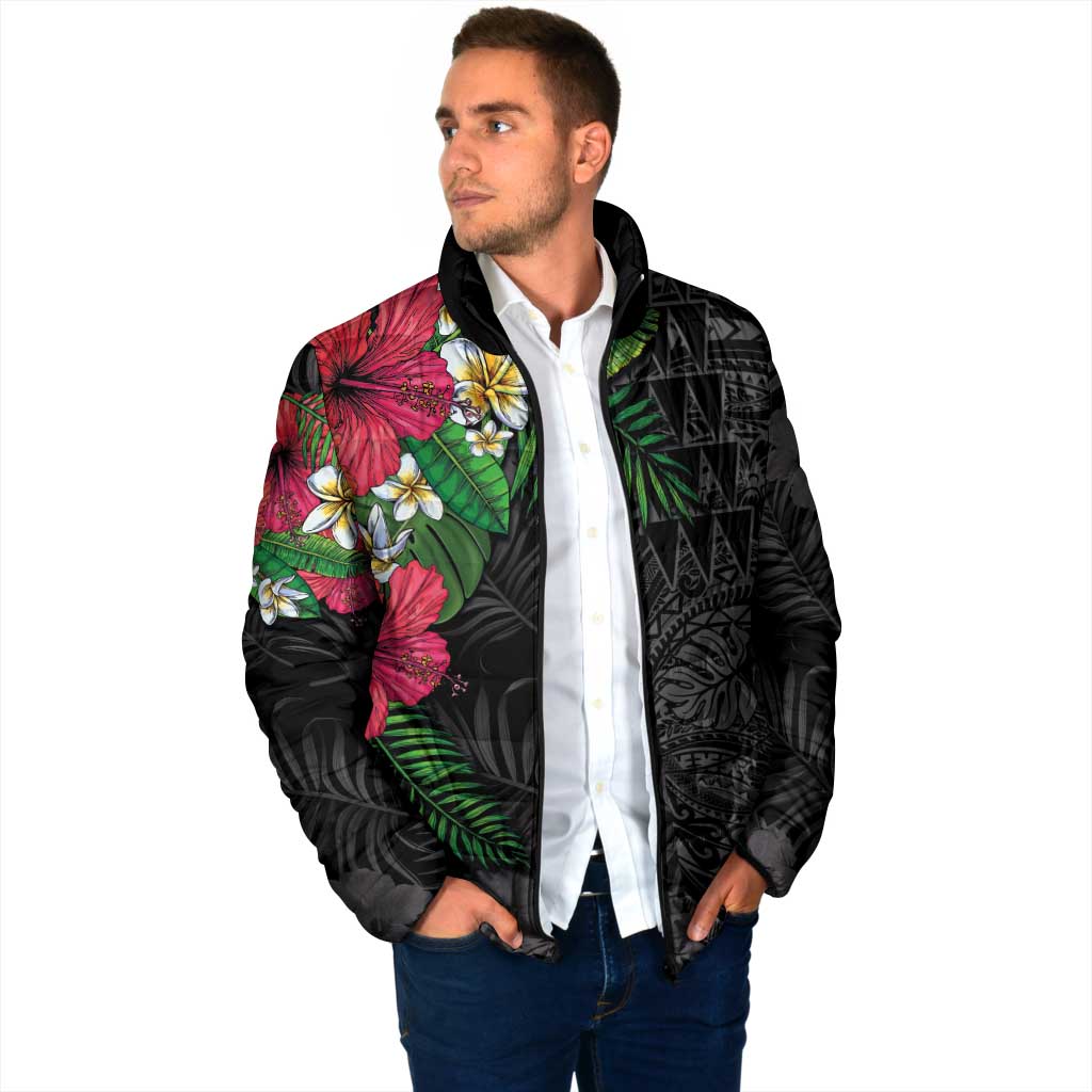Hawaiian Tropical Plants Padded Jacket Kakau Tattoo and Polynesian Pattern Half Black Color