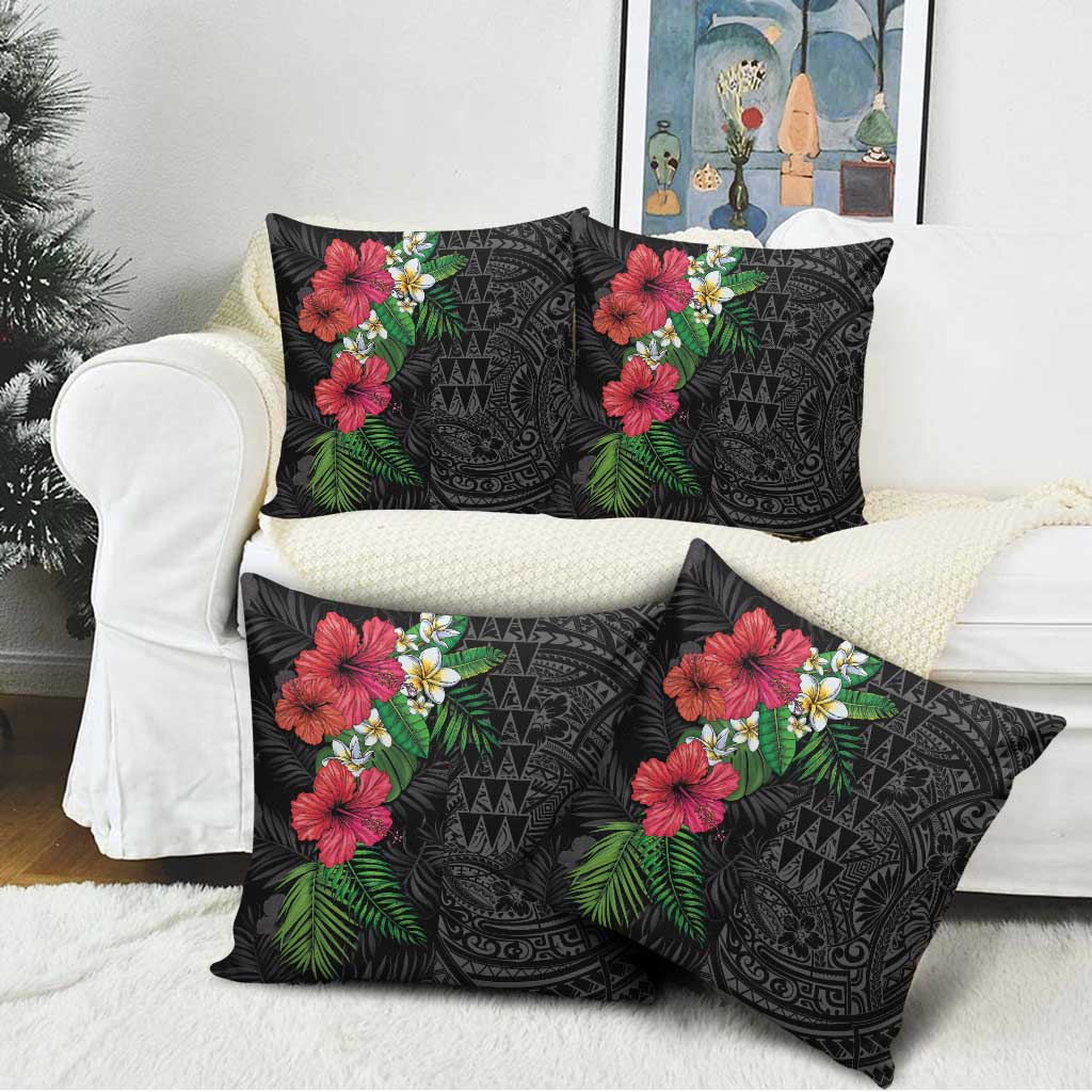 Hawaiian Tropical Plants Pillow Cover Kakau Tattoo and Polynesian Pattern Half Black Color